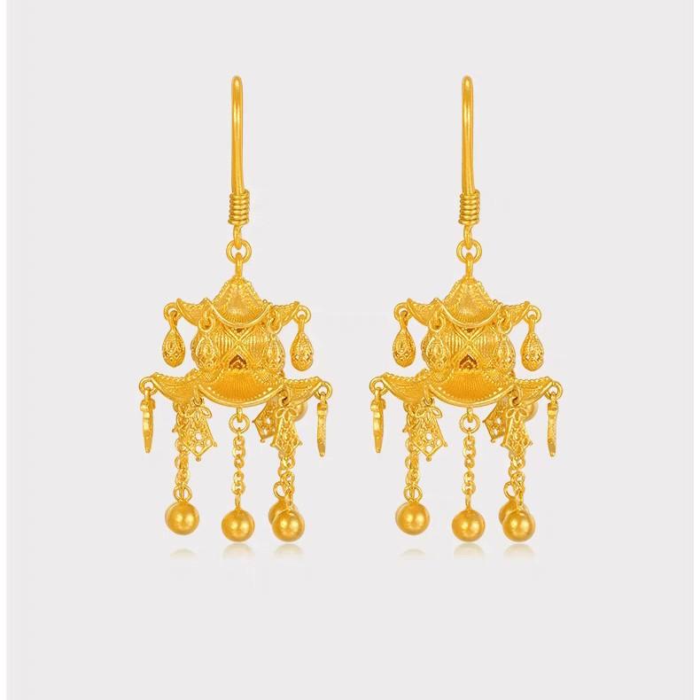 Women's 24K Gold (AU999) Ancient Pavilion Lantern Earrings | Matte-Gilt Two-Tone Lantern, Chiseled Lotus with Pearl Tassel