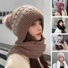 Ladies Winter Hat Knitted Thick Color Block Windproof Warm Soft Ear Protection Plush Ball Decor Elastic Anti-slip Beanie Scarf Combo Women Cap