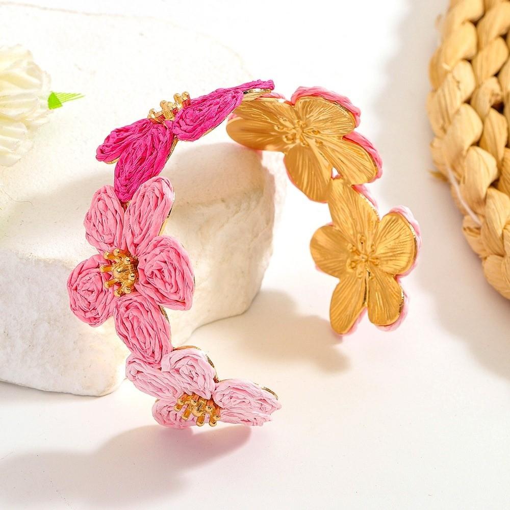 Colorful Woven Flower Bangle Vintage Hand Ring Retro Raffia Grass Bracelet Daily
