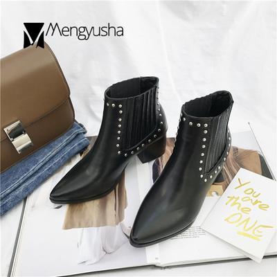 Модные панк-сапоги для верховой езды с заклепками, женские, с острым носком, из микрофибры, кожаные, ботильоны, сетчатые/сплошные, на толстом каблуке, челси, европейские