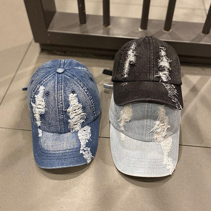 Korean-style sun-protective washed denim ripped baseball cap for women, suitable for spring and autumn, outdoor sunshade street fashion cap