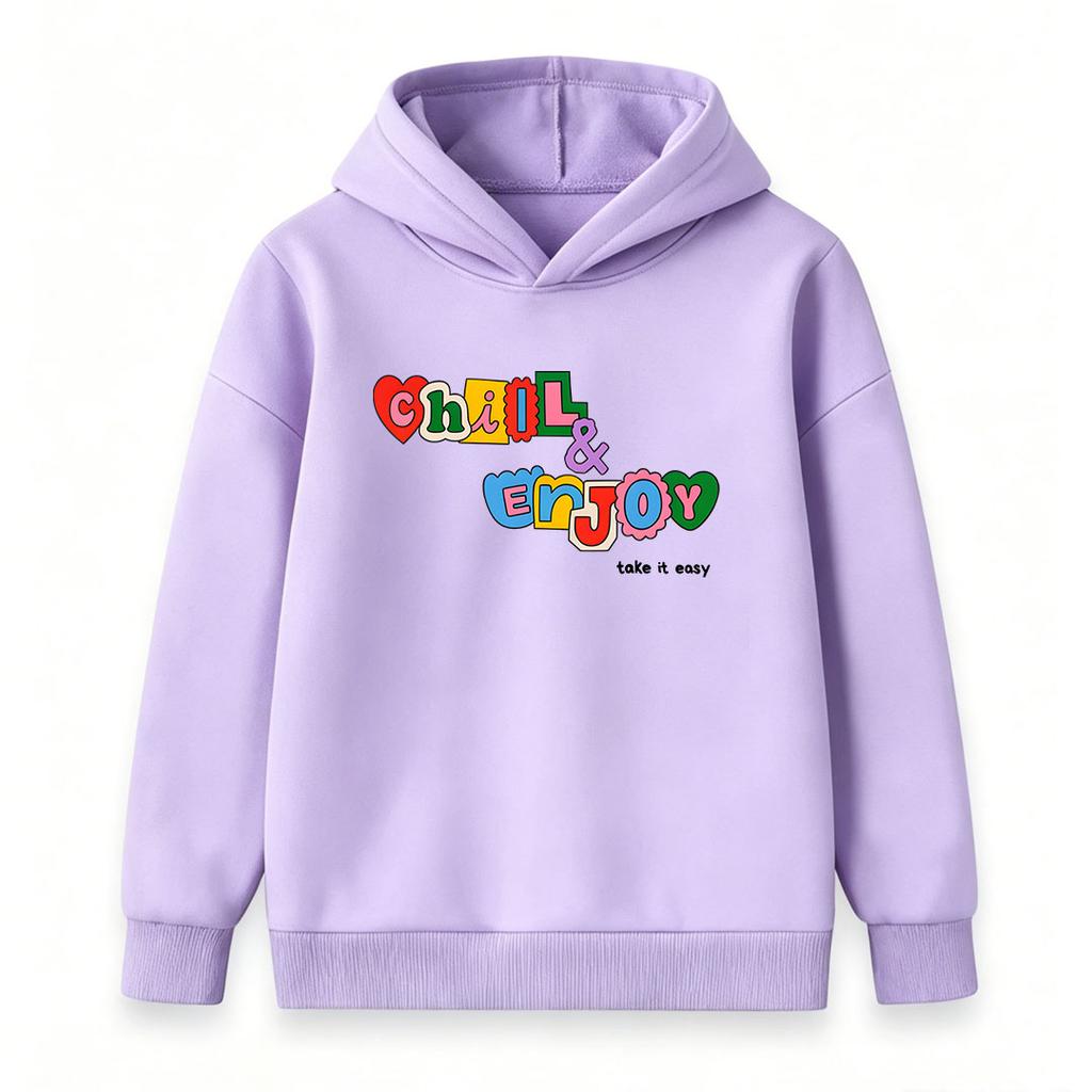 Kids Boys Girls Hooded Pullover Sweatshirt, Cute Chill & Enjoy Letter Print Casual Loose Hoodie, Take It Easy Soft Long Sleeve Top For Daily Wear