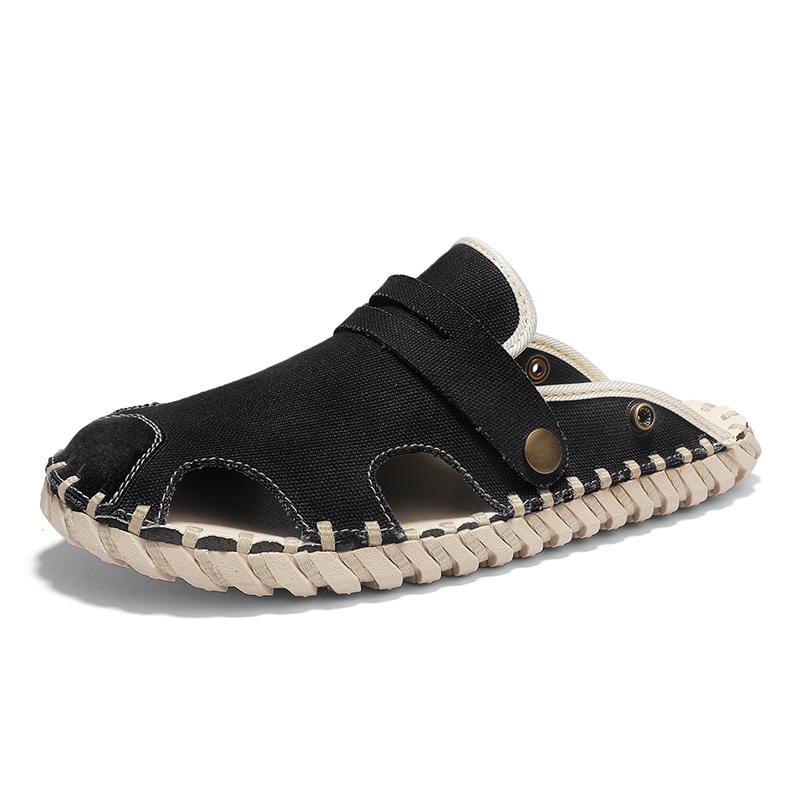 Дышащие с ручной прошивкой парусиновые повседневные тапочки Модные мужские дизайнерские стили Уличная прогулочная обувь Черная повседневная обувь лето Новые плоские
