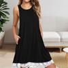 Lady Sundress with Side Pockets Lace Trim Hem A-line Sleeveless Round Neck Solid