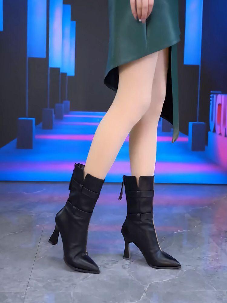 Модные кожаные элегантные туфли на каблуке до середины икры женские из полиуретана в наличии горячая новинка водонепроницаемые удобные полусапоги галсы для женщин