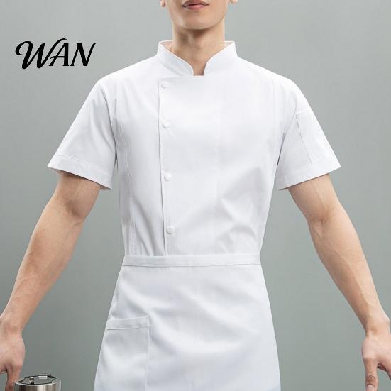 Lightweight Chef Jacket Uniform Stand Collar Short Sleeve Coat with Pockets Single-Breasted Buttons Solid Color Workwear Professional Apparel Women