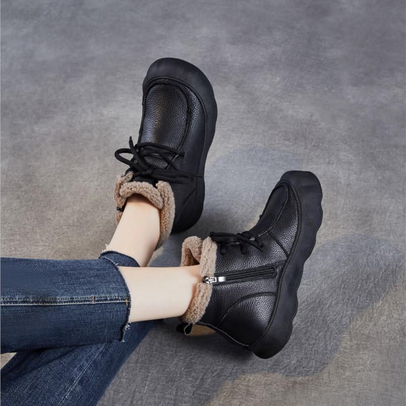 Johnature Retro Genuine Leather Plush Warm Women's Short Boots Soft Soled Round Toe Versatile Cotton Shoes
