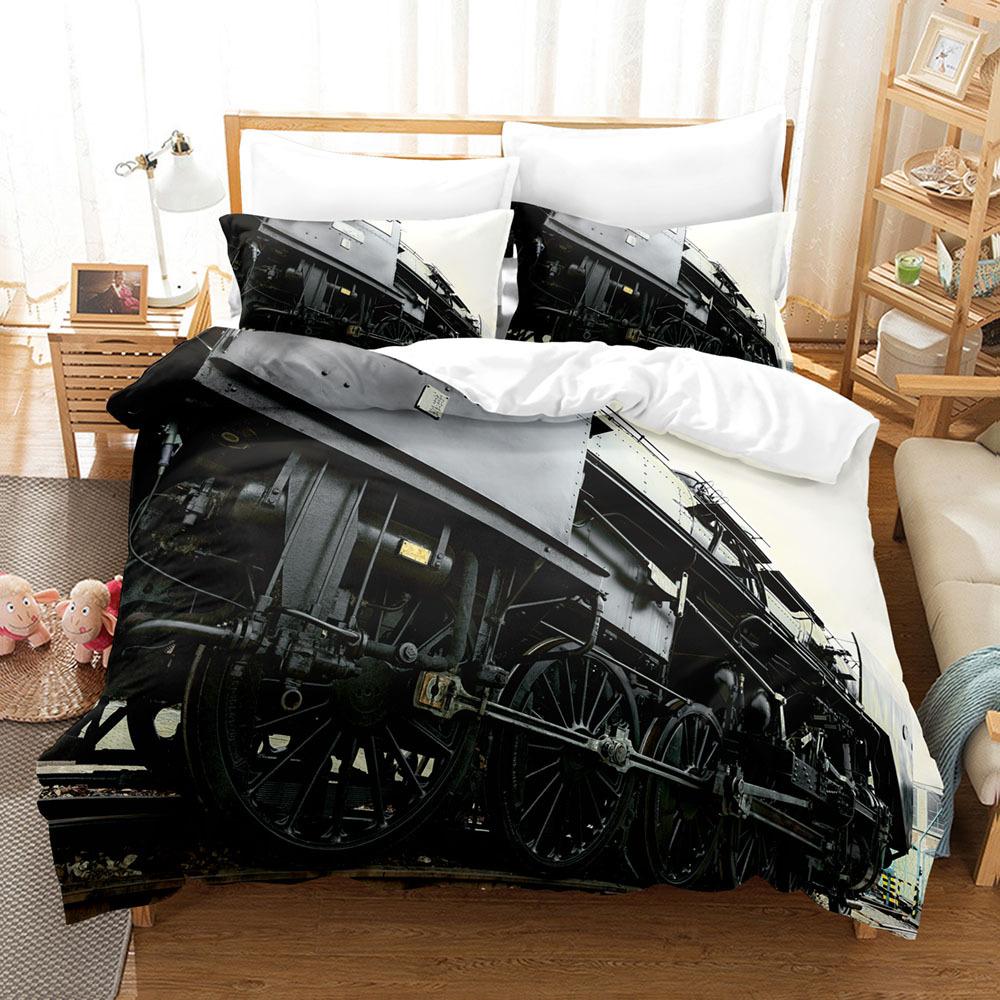Steam Engine Duvet Cover Set Transportation Old Train King Queen Full Size Polyester Bedding Set For Teen Boys Adult Living Room