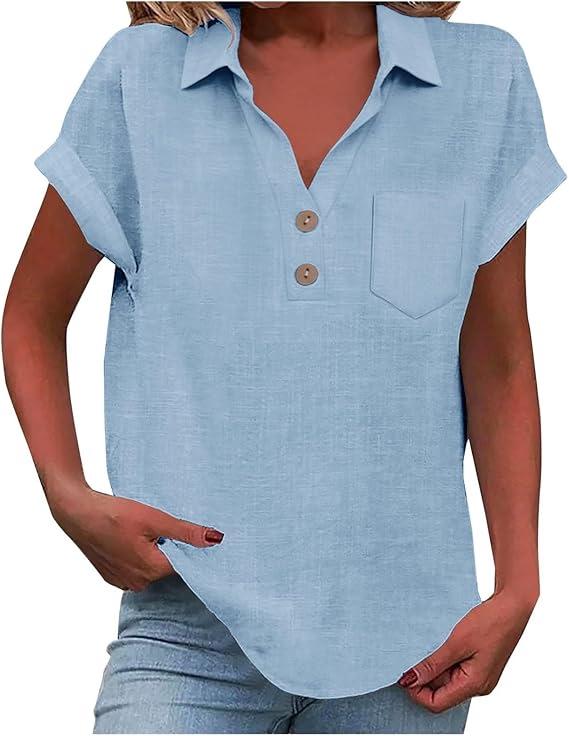 Европейская женская хлопково-льняная рубашка с коротким рукавом, отложным воротником и пуговицами