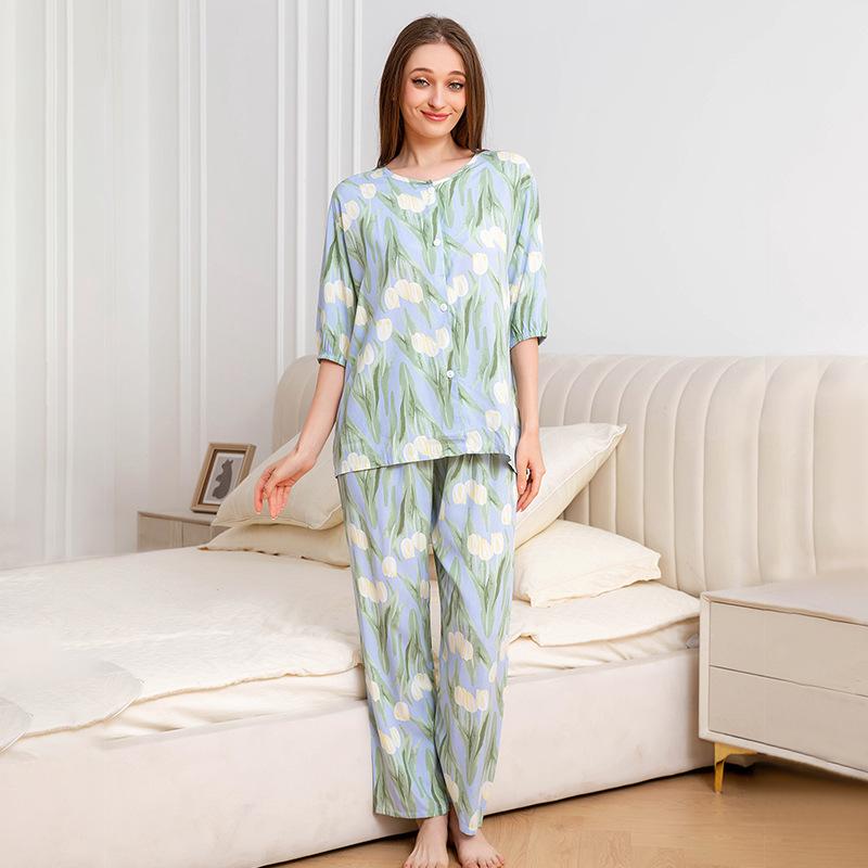 1011 new cotton pajamas women's summer thin five-quarter sleeve trousers loose large size high-end comfortable loungewear