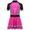 Костюм для гонок для девочек, с воротником-стойкой, с короткими рукавами, на молнии сзади, платье в клетку с пайетками, со встроенными трусиками