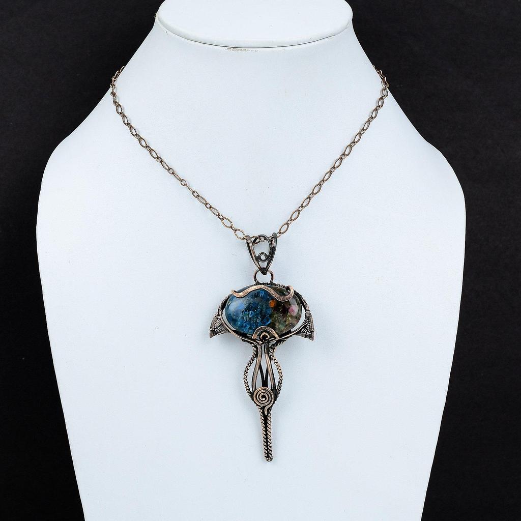 Подвеска с арбузным турмалином, подвеска из медной проволоки с драгоценным камнем, антикварная подвеска, медные украшения, подарок для него, ювелирные изделия ручной работы с проволочной оберткой