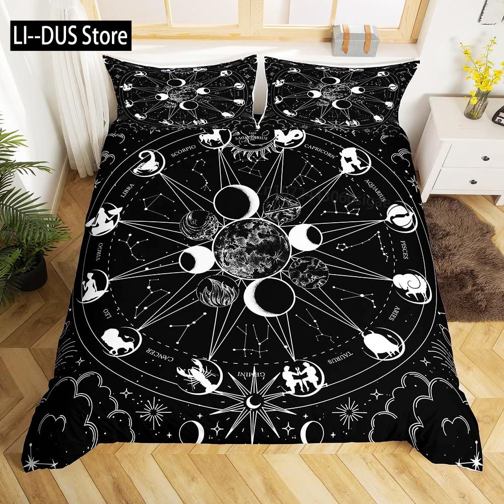 Constellation Duvet Cover Set Sky Star Map Geometric Circle Decorative 3 Piece Bedding Set with 2 Pillow Shams Queen Full Size