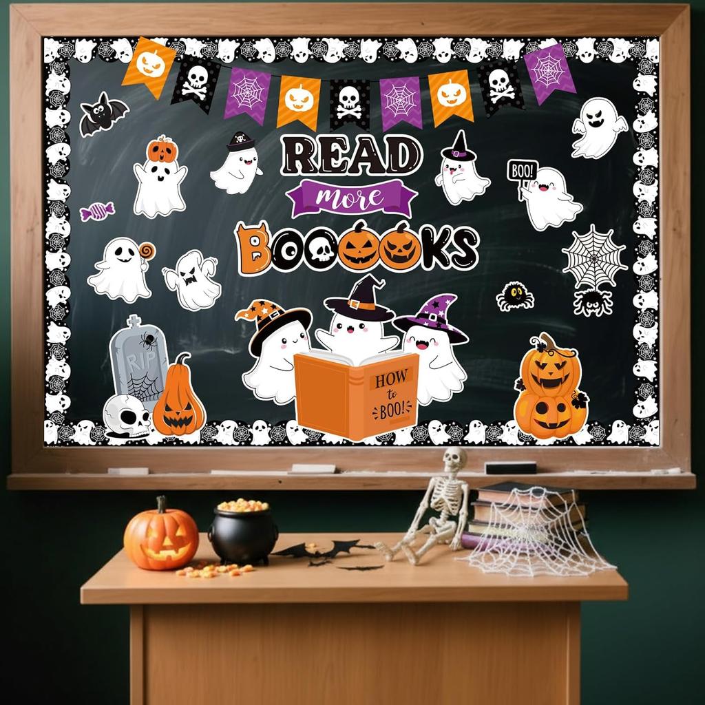 Pasimy Halloween Bulletin Board Decorations Set Halloween Theme Classroom Decor Spider Bat Ghost Pumpkin Cutouts with Borders for Home School Party