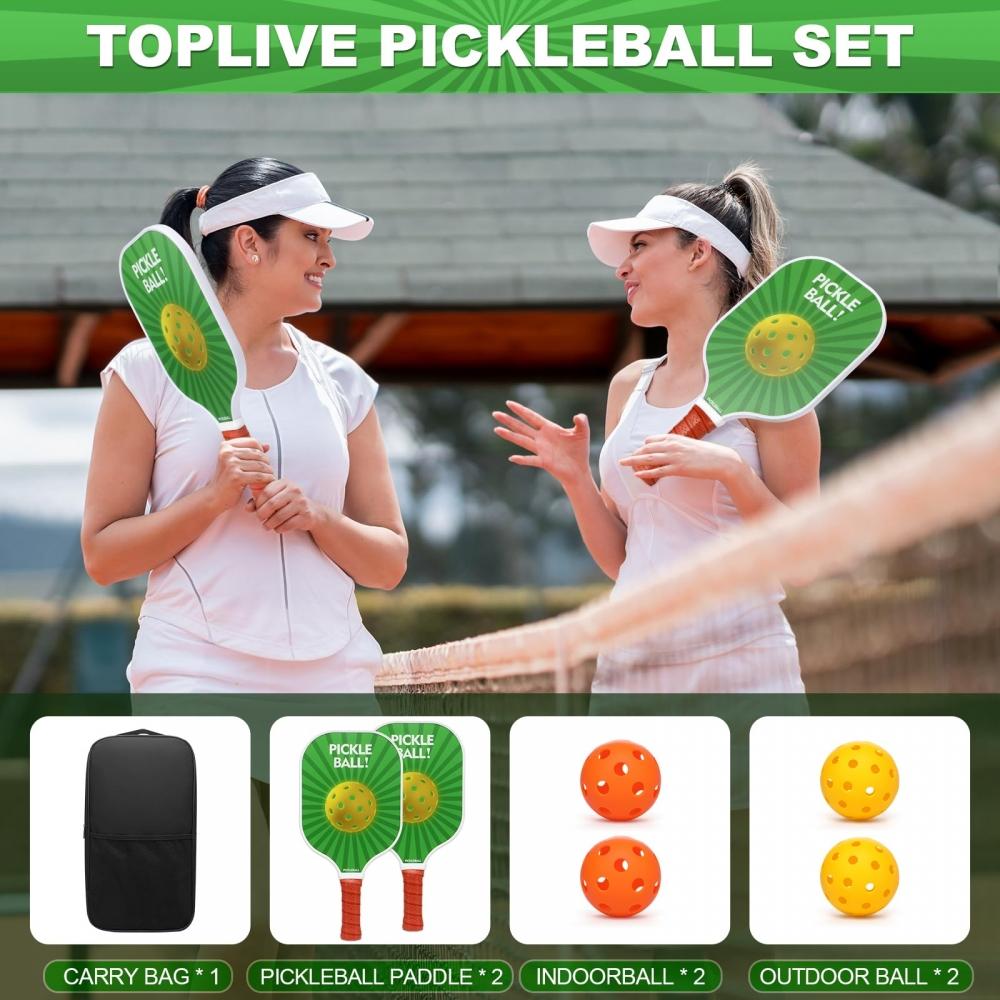 Toplive Набор ракеток для пиклбола, 2 ракетки для пиклбола, 4 мяча для пиклбола, мячи для пиклбола для начинающих с 1 сумкой для хранения мячей для пиклбола, прочный для соревнований