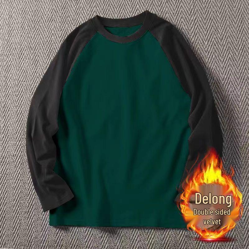 Мужская приталенная рубашка из немецкого бархата с рукавами реглан - Круглый вырез, Теплая осенне-зимняя, Контрастные цвета, Модный бренд.