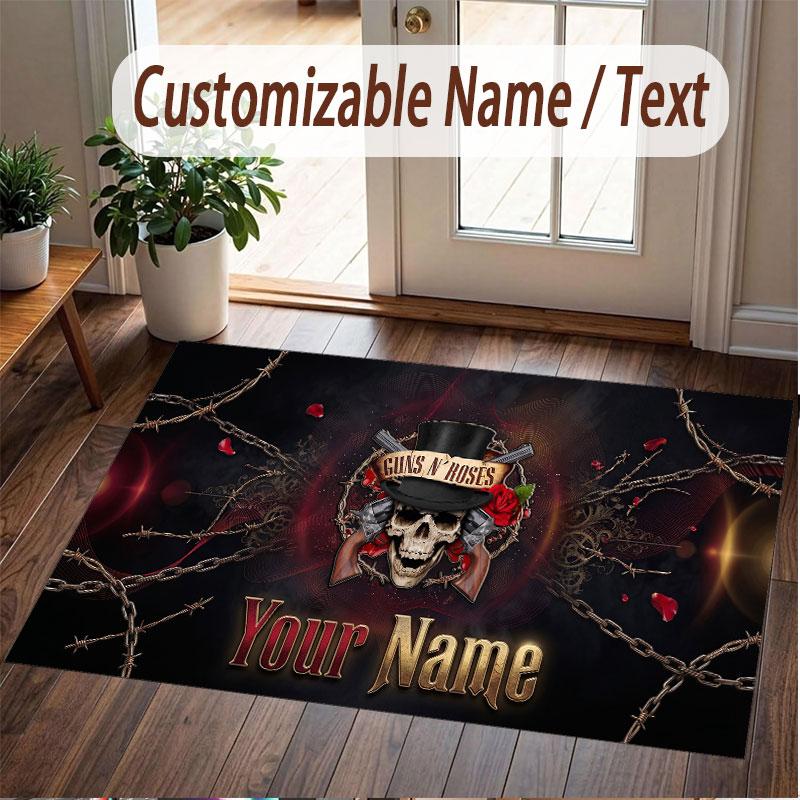 Custom Rug Guns N’ Roses Pattern Print Name Text Soft Non‑Slip Floor Carpet for Home Indoor Decoration