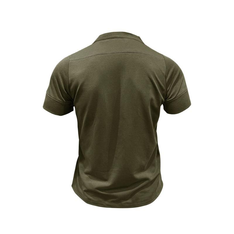 Men Black Stand Collar Henley Neck Short Sleeve T Shirt With Chest Pocket Casual Summer