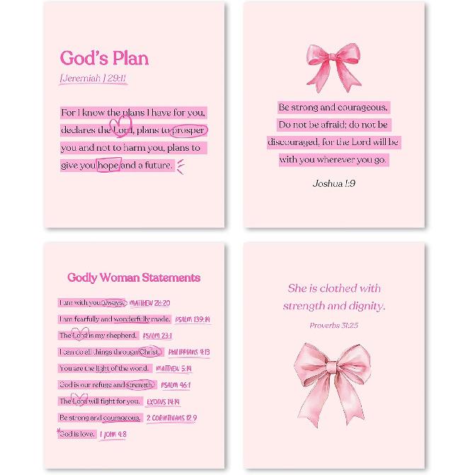 FGFK Girly Pink Christian Wall Art Prints Set of 4, Lamentations 3:23 Psalm 16:11 Psalm 27:1 Bible Verse Preppy Posters Pictures Wall Decor for Girls