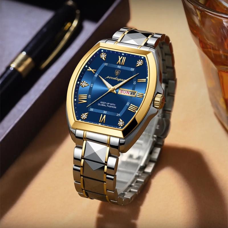 POEDAGAR Роскошные часы из нержавеющей стали для мужчин, светящиеся водонепроницаемые мужские часы с датой и неделей, корпус Tonneau, мужские кварцевые часы