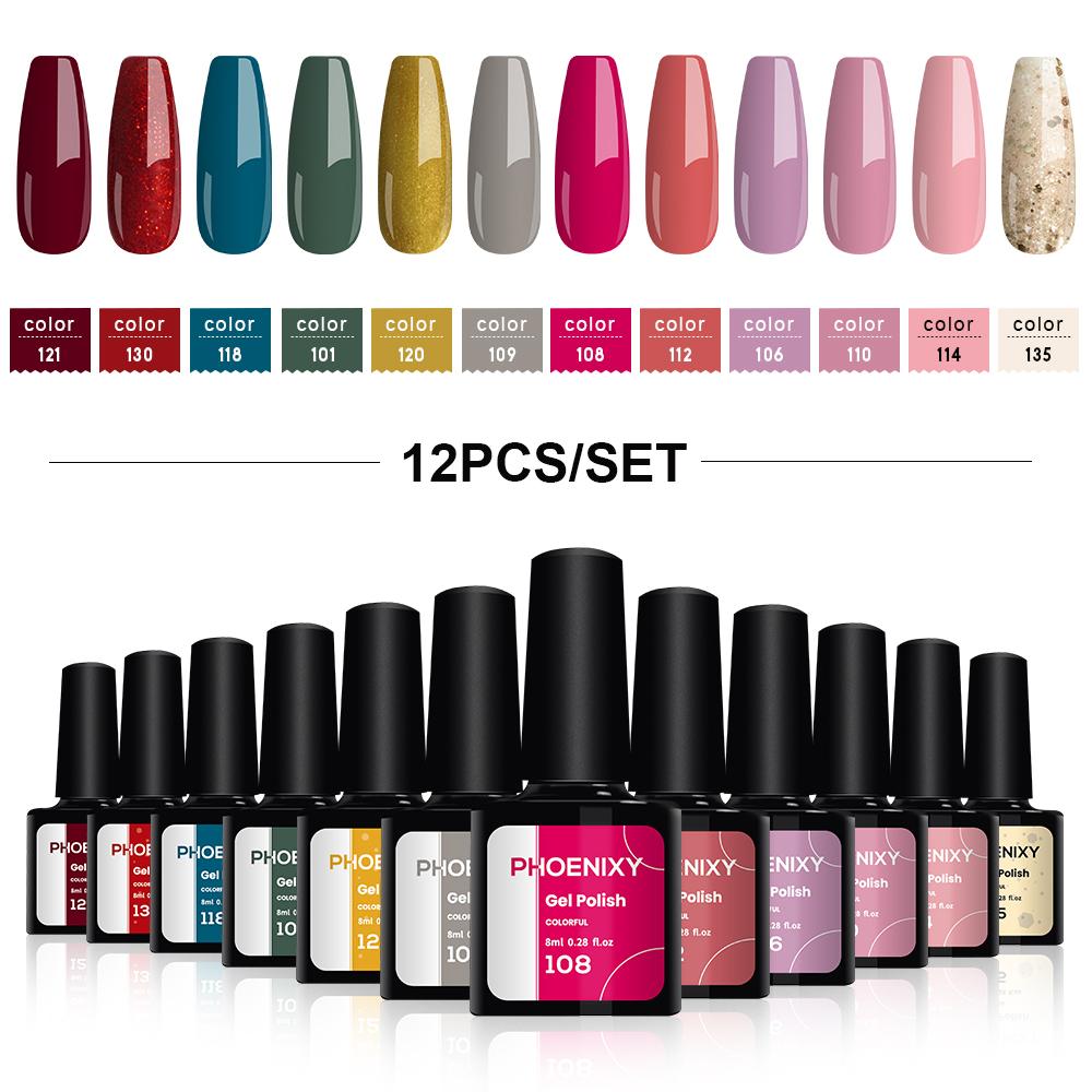 PHOENIXY, 8 мл, 12 цветов, гель-лак для ногтей, гель для ногтей, полуперманентный твердый гель для ногтей, замачиваемый УФ-гель, нужна база, верхнее покрытие, дизайн ногтей «сделай сам»