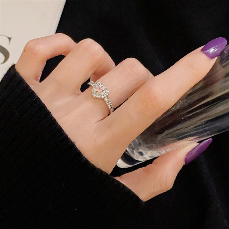 Pink Girl Love Bow Open Ring Niche Light Luxury High Sense Inlaid Zircon Simple Colored Jewelry Women