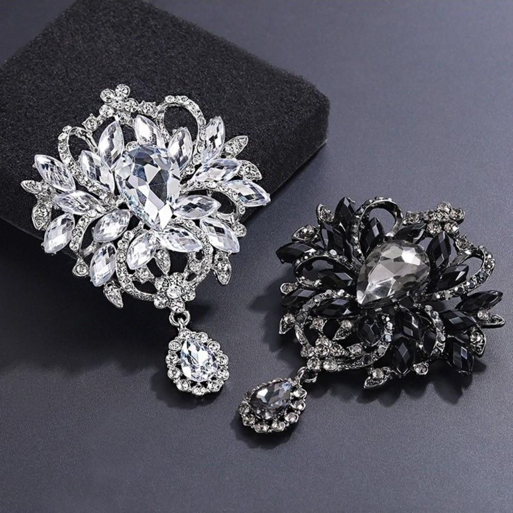 Water-drop Rhinestone Brooch Large Crystal Dangle Brooch Elegant Flower Brooch Women Men