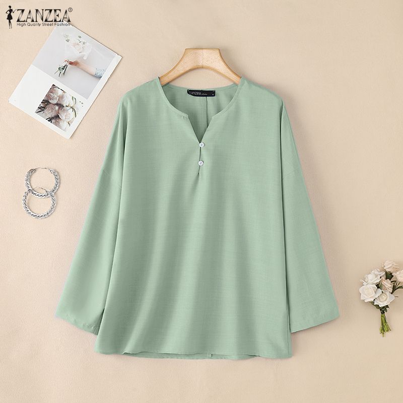 ZANZEA Женская повседневная однотонная блузка с v-образным вырезом и рукавами 3/4