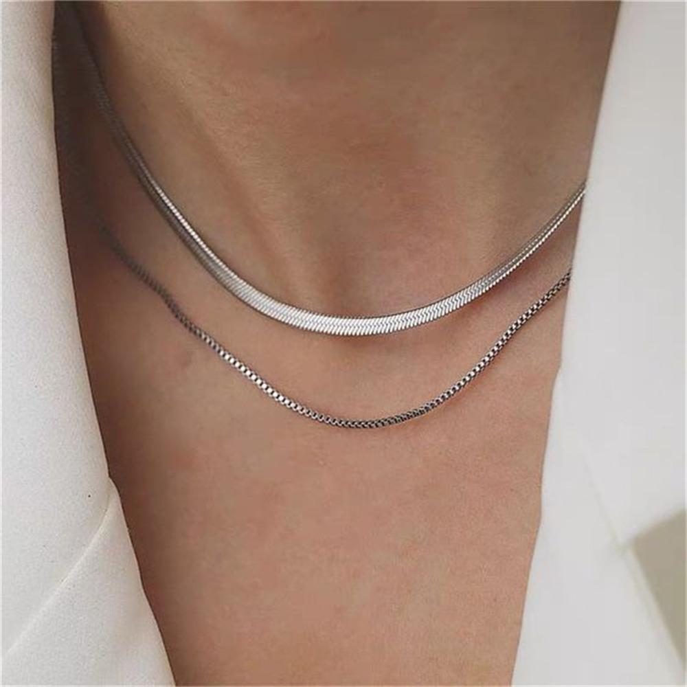 iF ME 1PCS Vintage Layered Flat Snake Chain Herringbone Necklace for Women Simple Gold Color Metal Clavicle Chain Necklaces Party Jewelry