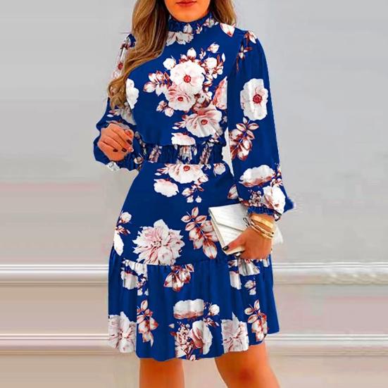 Piled Collar Long Sleeve Elastic Waist High-Waist Mini Dress Flower Print Ruffle Stitching Hem Summer Dress Female Clothes