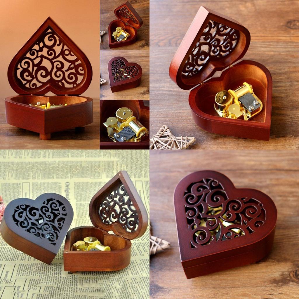 Очаровательная прямоугольная музыкальная шкатулка из дерева с резьбой в виде сердца, заводная, с мелодичными мелодиями
