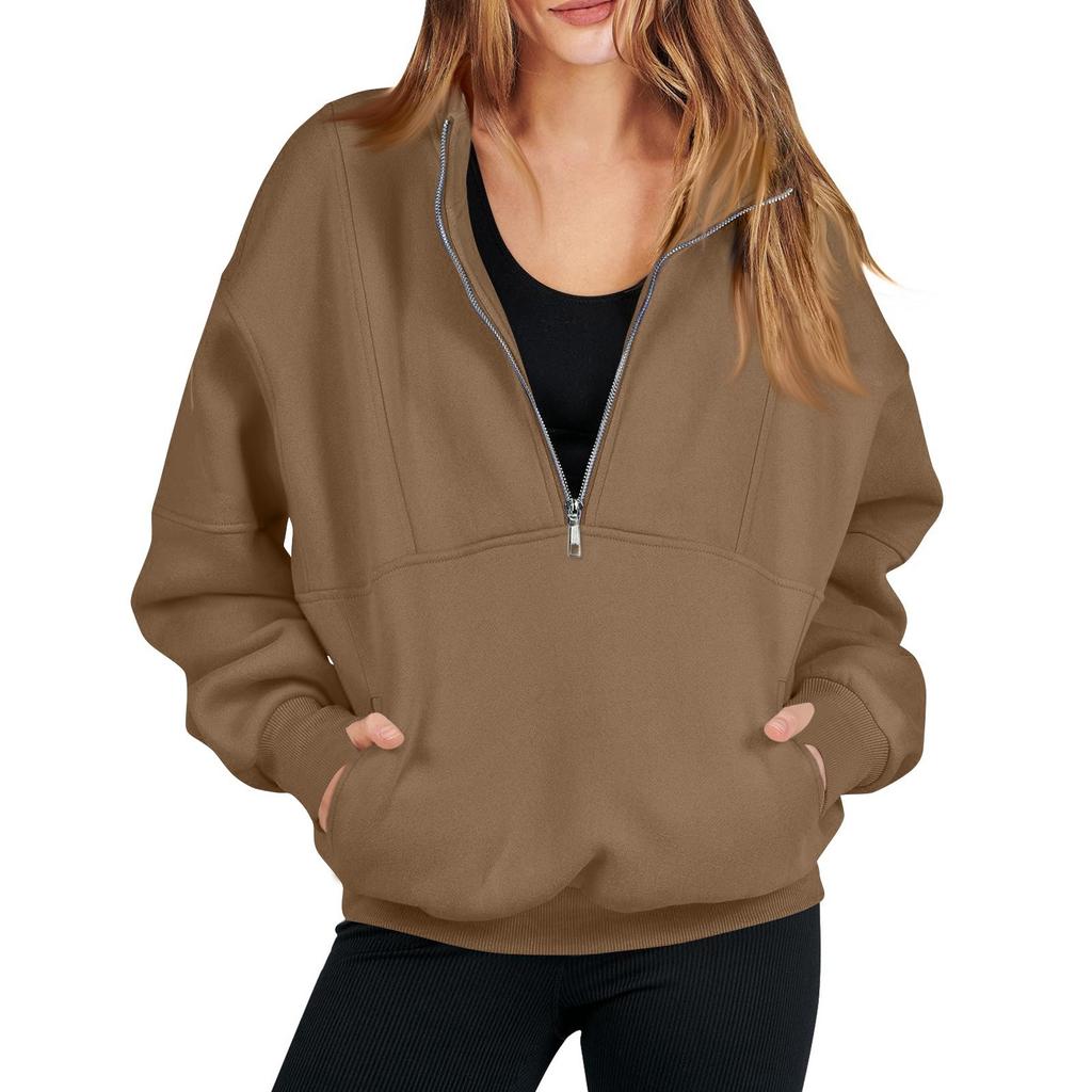 Женская модная однотонная повседневная толстовка с длинными рукавами и карманом на молнии