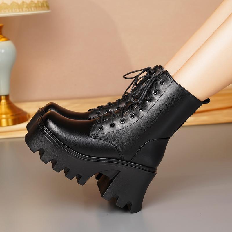 Женские ботильоны на платформе с высоким каблуком из натуральной кожи и шерсти, теплые зимние ботинки, женские модные байкерские ботинки со шнуровкой для женщин