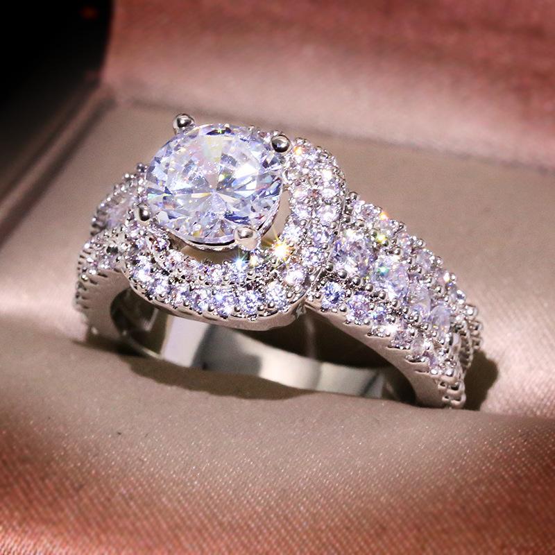 Simulation Diamond Ring, Luxury Full Set With Double-Layer Square Super Flash Zircon Platinum-Plated Jewelry.