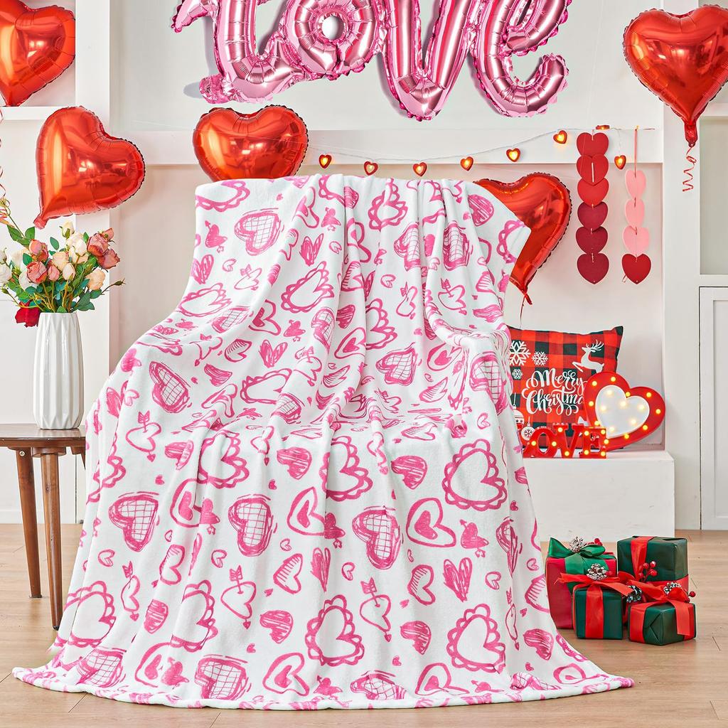 Pink heart-shaped pattern Printed Blanket for Sofa Bed Travel Camping Living Room Office Conditioning Blanket