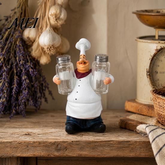 Solid Resin Kitchen Figurine Chef Figurine, Countertop Table Decoration, Funny Statue with Props Seasoning Bottle/Bottle Opener/Message Board