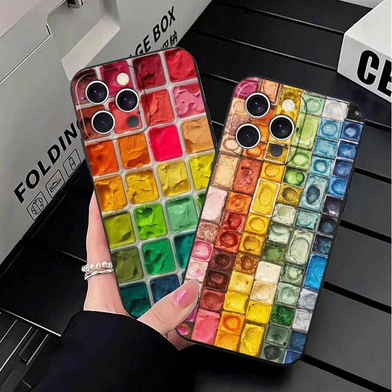 Набор акварели Палитра красок Мягкий чехол для телефона для iPhone 16 16E 17 Air 15 Pro Max 14 Plus 13 Mini 11 12 7 Черная задняя крышка