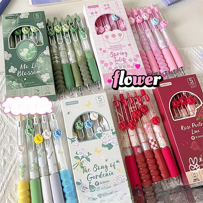 Национальный стиль Серия цветов Мягкий стержень Черная ручка Нажимная Гелевая ручка Набор, Быстросохнущая, Снимающая стресс, Высокий уровень внешнего вида Тренировочная ручка, Экзаменационная ручка