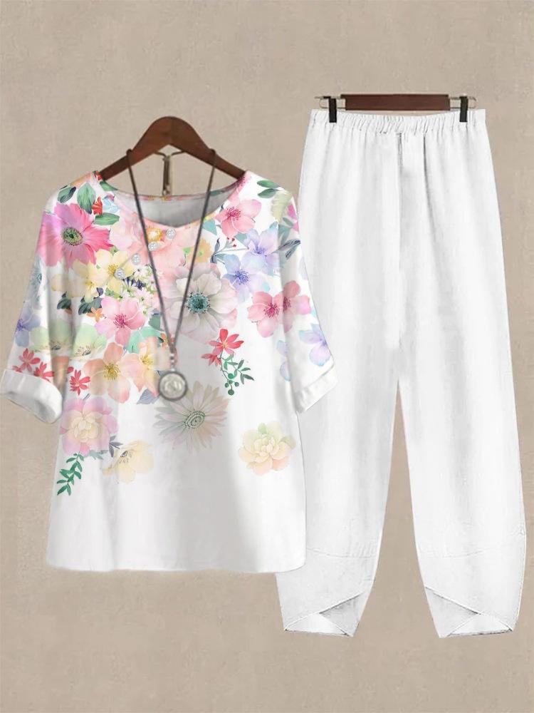1116 New Women's Clothing Casual Crew Neck Five-Sleeve Top Digital Printing Women's Two-piece Set