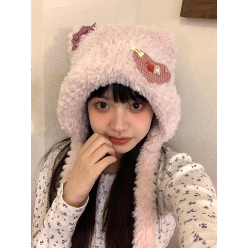 Зимняя шапка плюс флисовая теплая шапка с милым плюшевым медведем и ушами трехцветная шапка для девочек