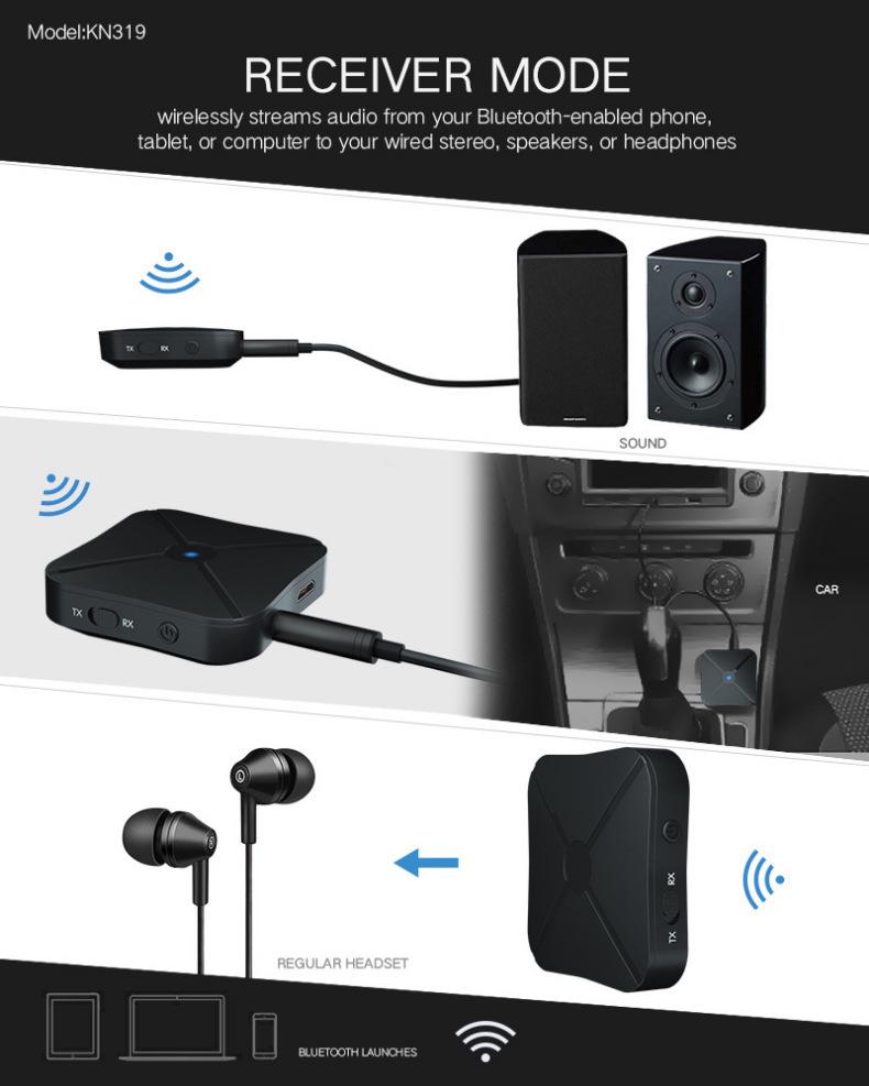 KN319 Bluetooth 5.0 передатчик и приемник: Адаптер двойного назначения для аудио ТВ, автомобиля, колонки и компьютера.