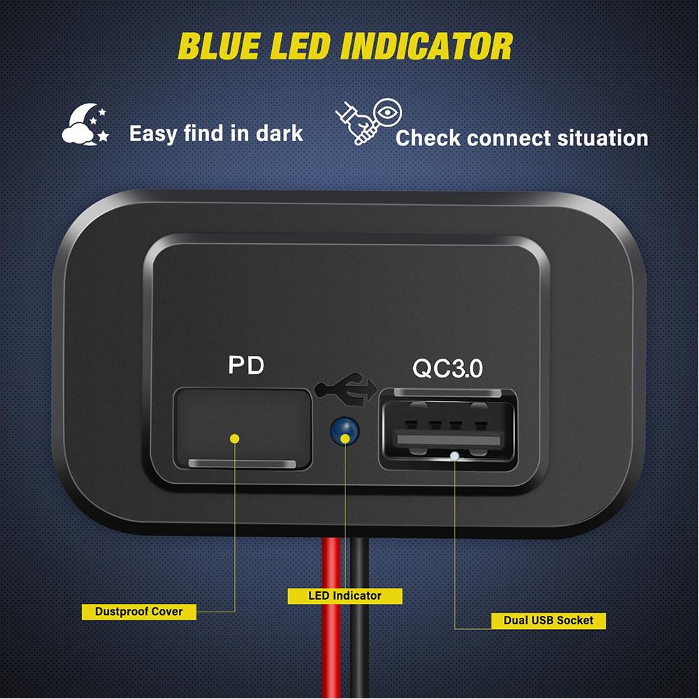 PD QC3.0 Car Charger Socket Quick Charge 12V/24V Dual USB Power Adapter Outlet LED Light For Truck Camper Caravan Accessories Motorcycle