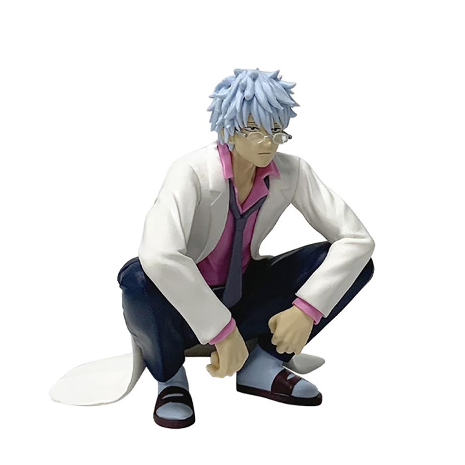 12cm Gintama Sakata Ginpa Silver Hair Lab Coat Figure Crouched Position Noodle Stopper Desktop Anime Decoration Collection Gift