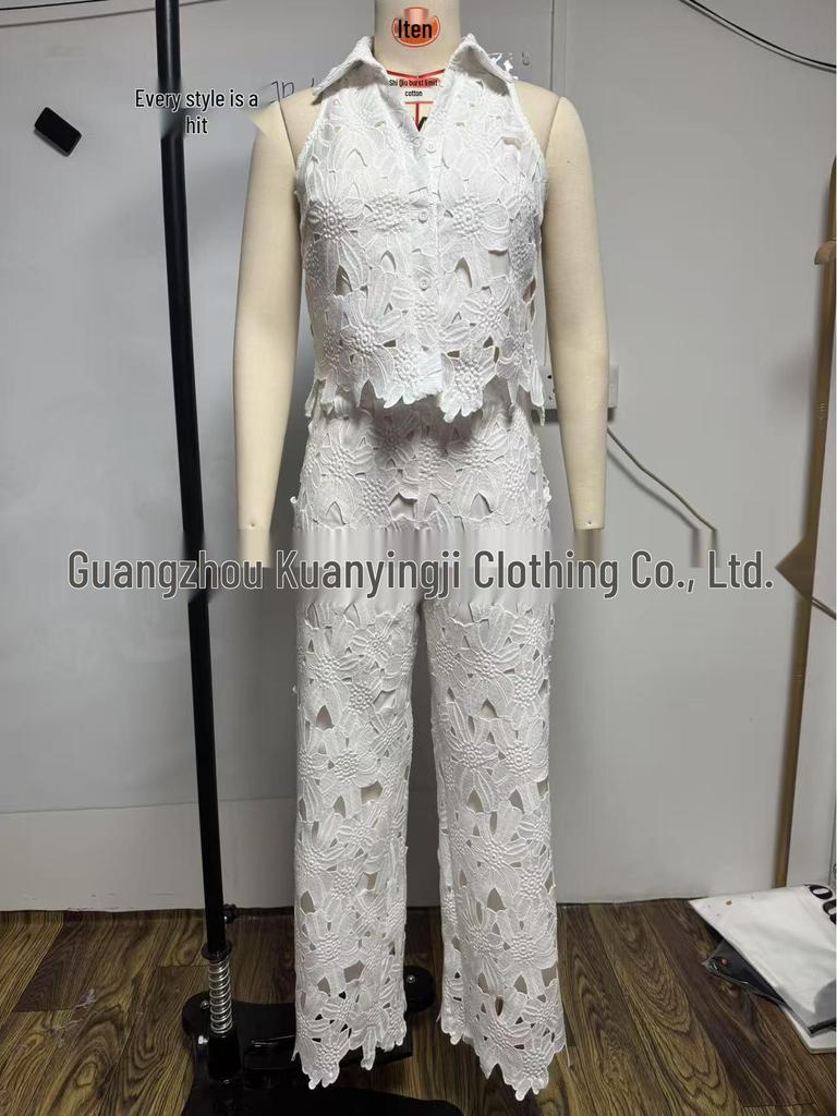 French Summer Embroidered V-Neck Cutout Tank & Wide-Leg Pants Set