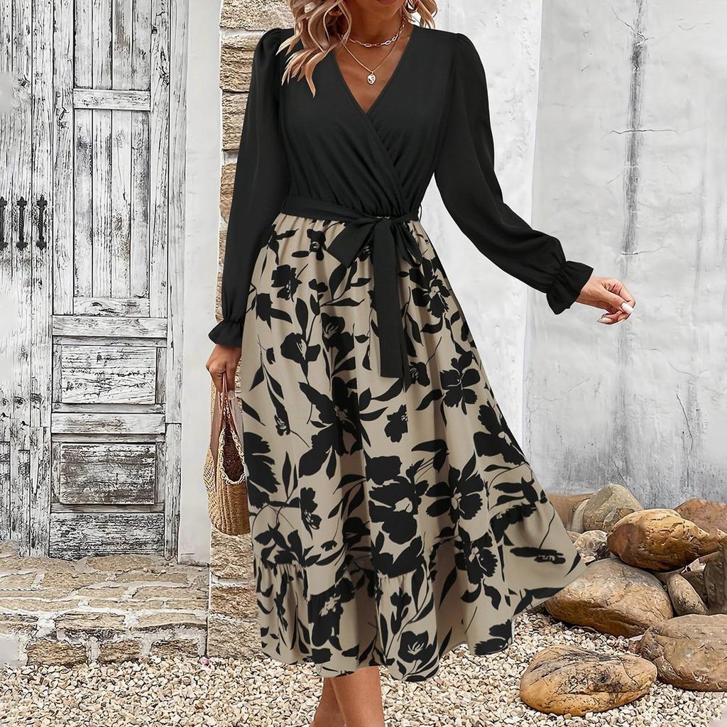 Женское платье с V-образным вырезом, длинными рукавами, принтом в стиле пэчворк, юбка средней длины А-силуэта