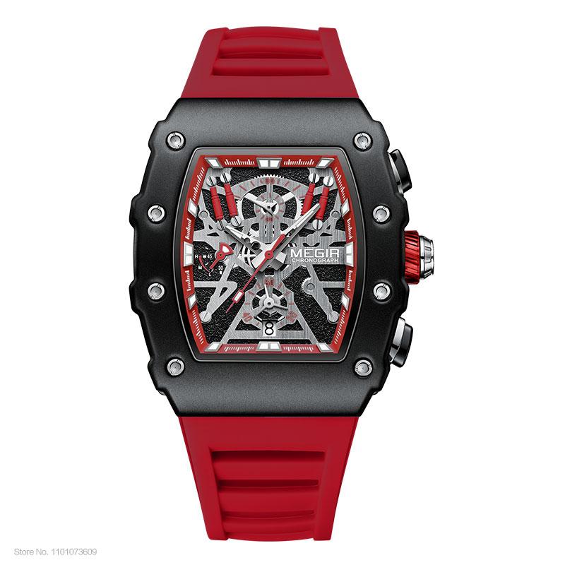 MEGIR Blue Watch Men Fashion Waterproof Lumious Tonneau Dial Chronograph Quartz Analog Wristwatch with Silicone Straph Auto Date