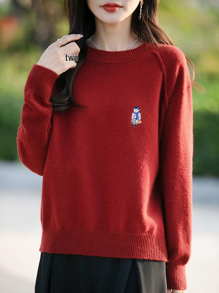 Women's Korean Style Bear Embroidery Thick Knit Sweater - Autumn/Winter Casual Long Sleeve Pullover