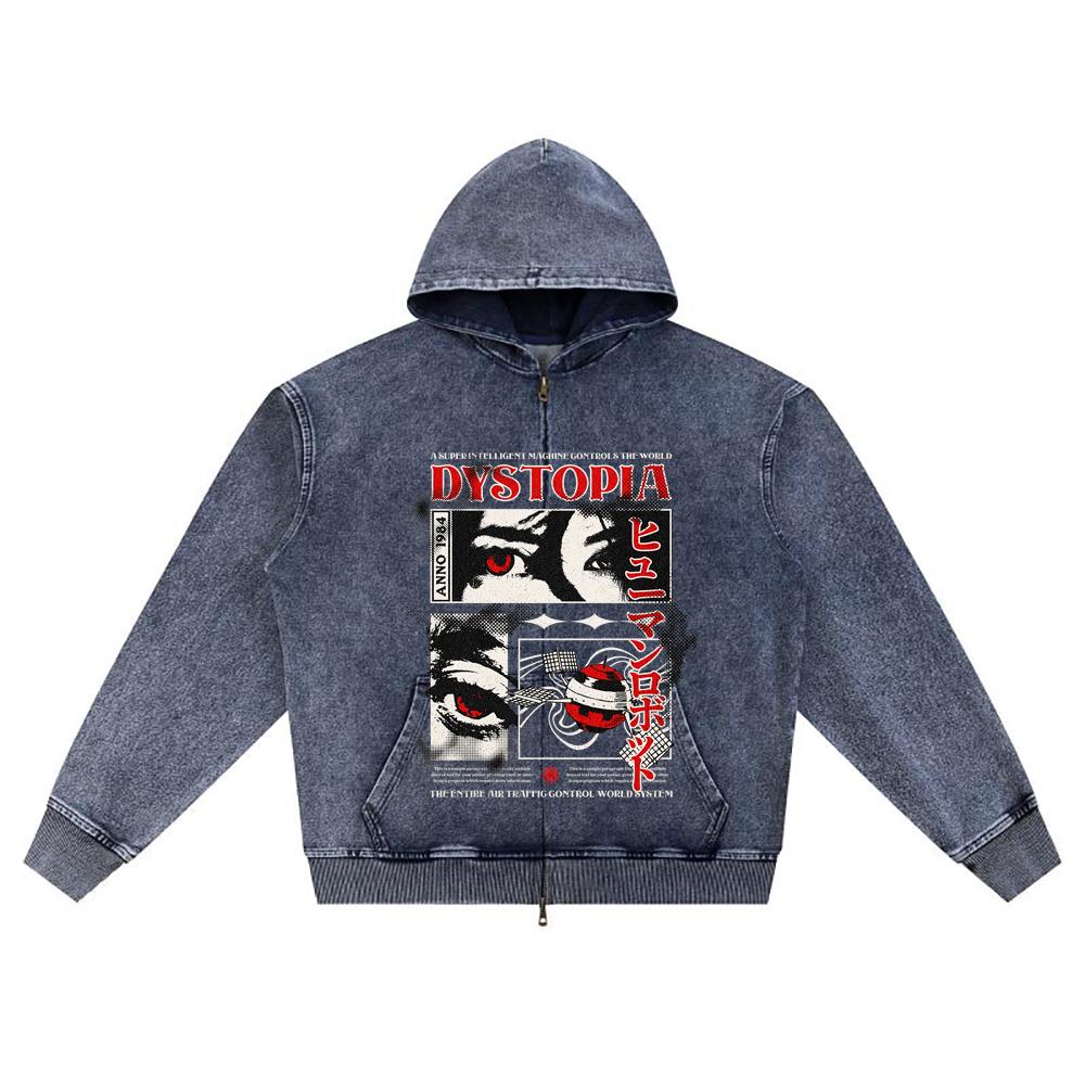 DTG print Knitted Denim Zip-Up Hoodie Dystopia Japanese Anime Brother Print Zipper Hoodies