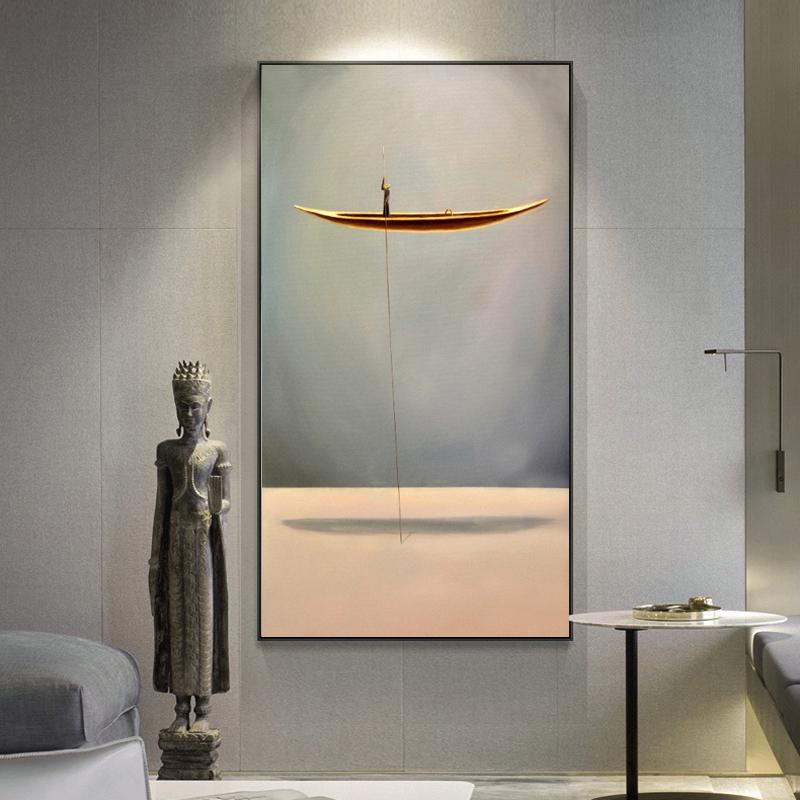 Золотая лодка, абстрактный творческий одинокий мыслитель, холст, живопись, постеры и принты, настенные художественные фотографии для гостиной, Декор Куадрос