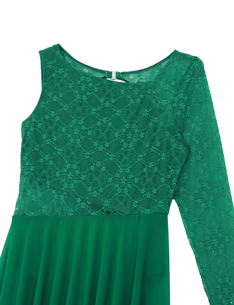 Women Adults Single Long Sleeve with Fingertip Lace Bodice Asymmetric Leotard Dress for Lyrical Modern Contemporary Ballet Dance